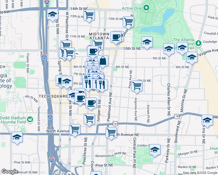 map of restaurants, bars, coffee shops, grocery stores, and more near 821 Piedmont Avenue Northeast in Atlanta