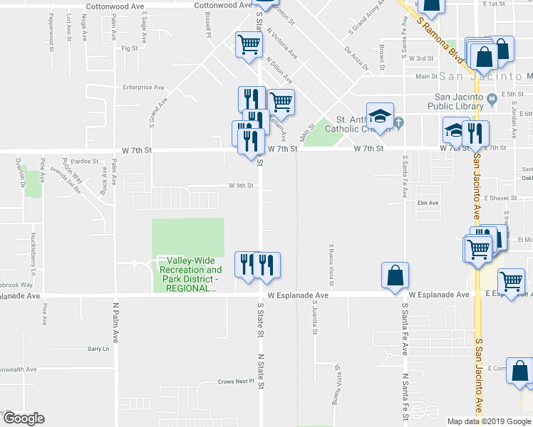 map of restaurants, bars, coffee shops, grocery stores, and more near 1035 S State St in San Jacinto