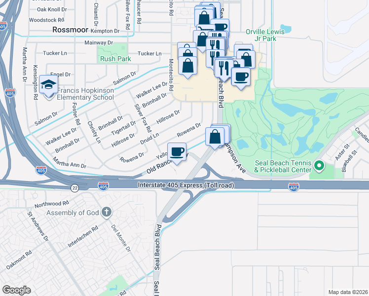 map of restaurants, bars, coffee shops, grocery stores, and more near 3252 Yellowtail Drive in Los Alamitos