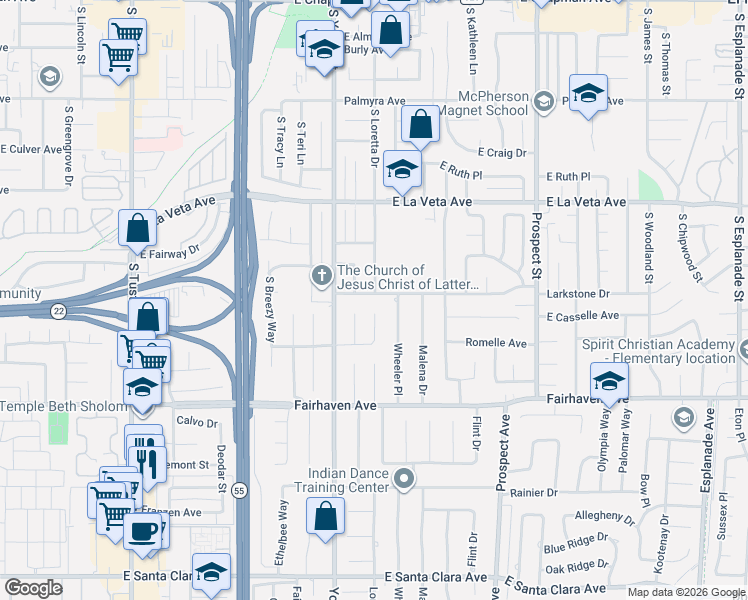 map of restaurants, bars, coffee shops, grocery stores, and more near 2630 East Larkstone Drive in Orange