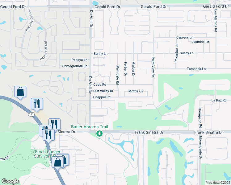 map of restaurants, bars, coffee shops, grocery stores, and more near 70181 Sun Valley Drive in Rancho Mirage