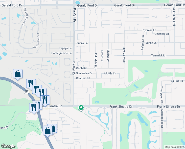 map of restaurants, bars, coffee shops, grocery stores, and more near 70171 Sun Valley Drive in Rancho Mirage