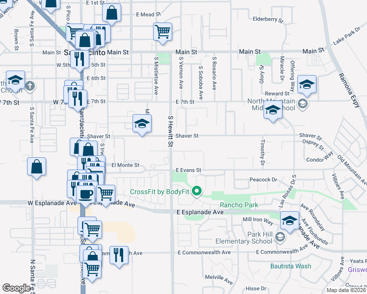 map of restaurants, bars, coffee shops, grocery stores, and more near 623 East Old 2nd Street in San Jacinto
