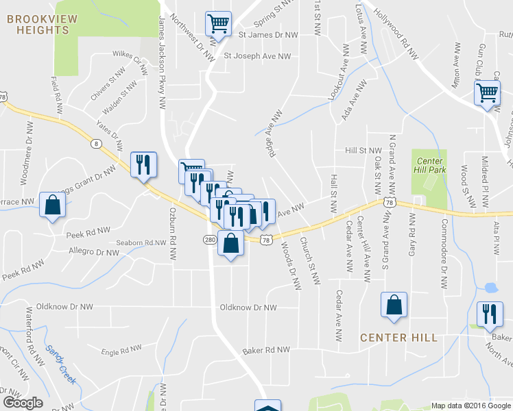 map of restaurants, bars, coffee shops, grocery stores, and more near Grant Ave in Atlanta