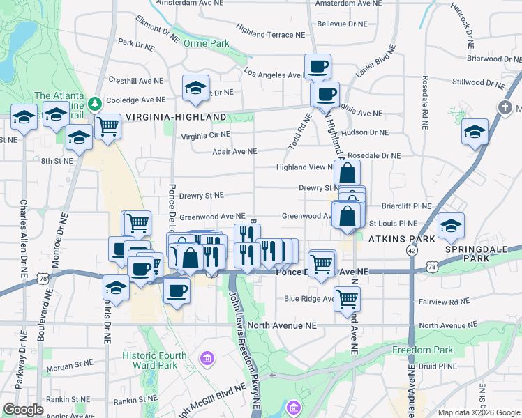 map of restaurants, bars, coffee shops, grocery stores, and more near 890 Greenwood Avenue Northeast in Atlanta