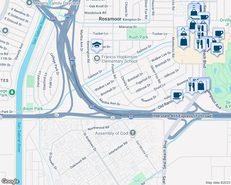 map of restaurants, bars, coffee shops, grocery stores, and more near 2841 Tigertail Drive in Los Alamitos