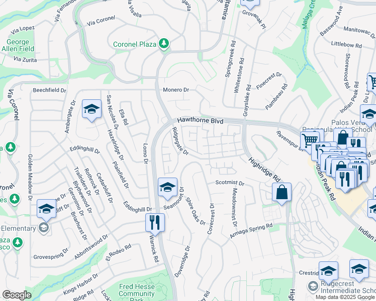 map of restaurants, bars, coffee shops, grocery stores, and more near 28205 Ridgepoint Court in Rancho Palos Verdes