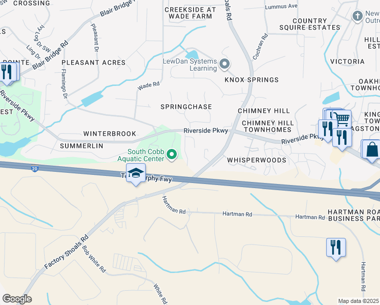map of restaurants, bars, coffee shops, grocery stores, and more near 7243 Crestside Drive in Austell