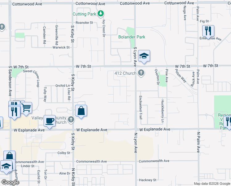 map of restaurants, bars, coffee shops, grocery stores, and more near 1077 Greystone Way in San Jacinto
