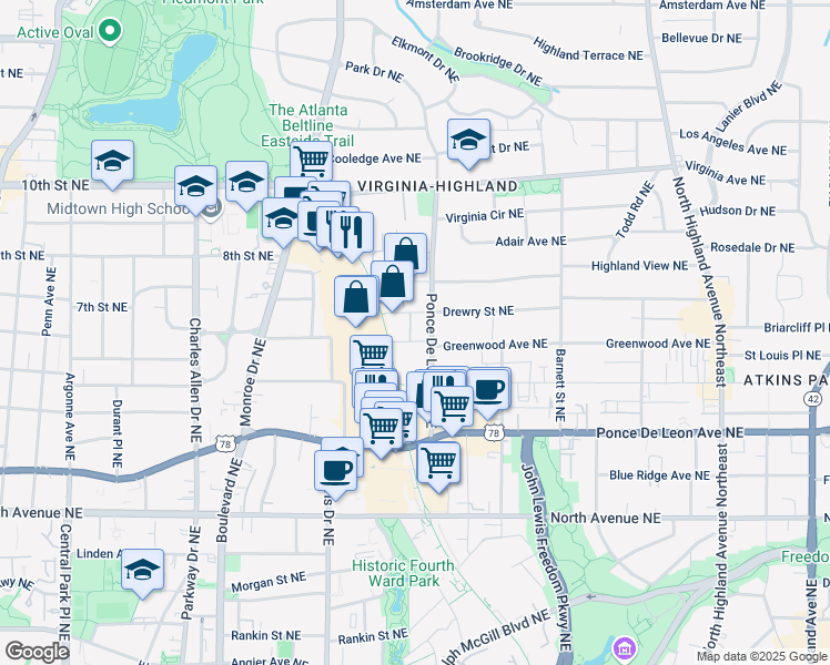 map of restaurants, bars, coffee shops, grocery stores, and more near 805 Highland Green Way Northeast in Atlanta