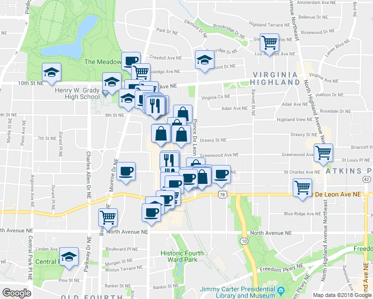 map of restaurants, bars, coffee shops, grocery stores, and more near 805 Highland Green Way Northeast in Atlanta
