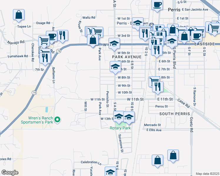 map of restaurants, bars, coffee shops, grocery stores, and more near 921 Perrisito Street in Perris