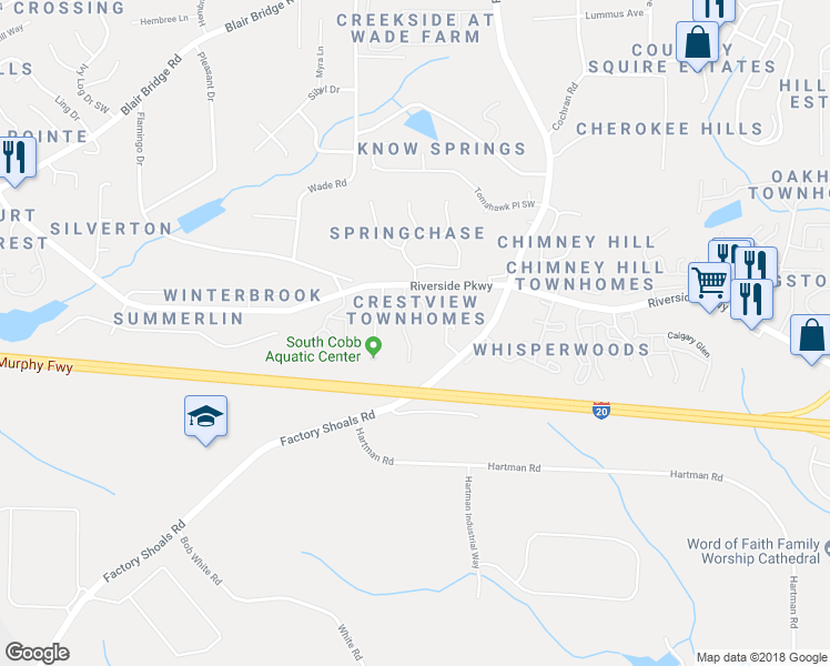 map of restaurants, bars, coffee shops, grocery stores, and more near 7243 Crestside Drive in Austell