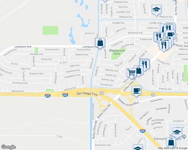 map of restaurants, bars, coffee shops, grocery stores, and more near 12771 Bartlett Street in Garden Grove