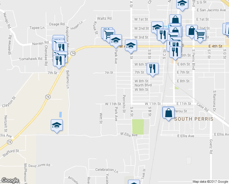map of restaurants, bars, coffee shops, grocery stores, and more near 920 Park Avenue in Perris
