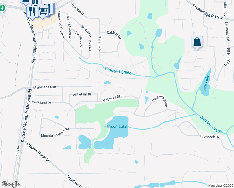 map of restaurants, bars, coffee shops, grocery stores, and more near 5852 Gateway Boulevard in Stone Mountain