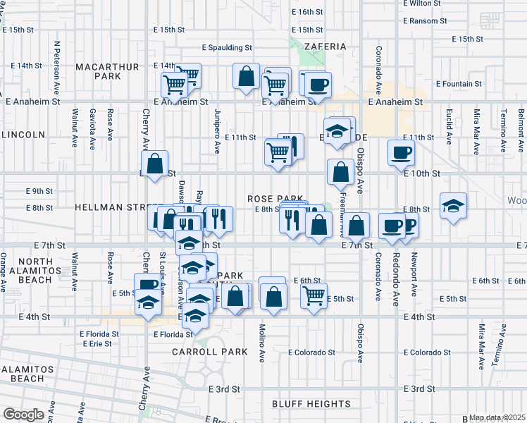 map of restaurants, bars, coffee shops, grocery stores, and more near 2624 East 8th Street in Long Beach