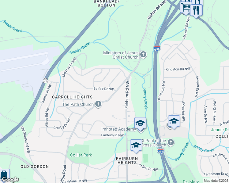 map of restaurants, bars, coffee shops, grocery stores, and more near 3518 Bolfair Drive Northwest in Atlanta