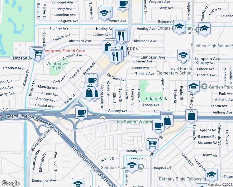 map of restaurants, bars, coffee shops, grocery stores, and more near 12772 Olive Street in Garden Grove