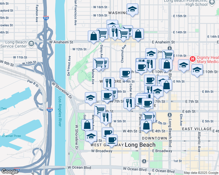 map of restaurants, bars, coffee shops, grocery stores, and more near 821 Magnolia Avenue in Long Beach
