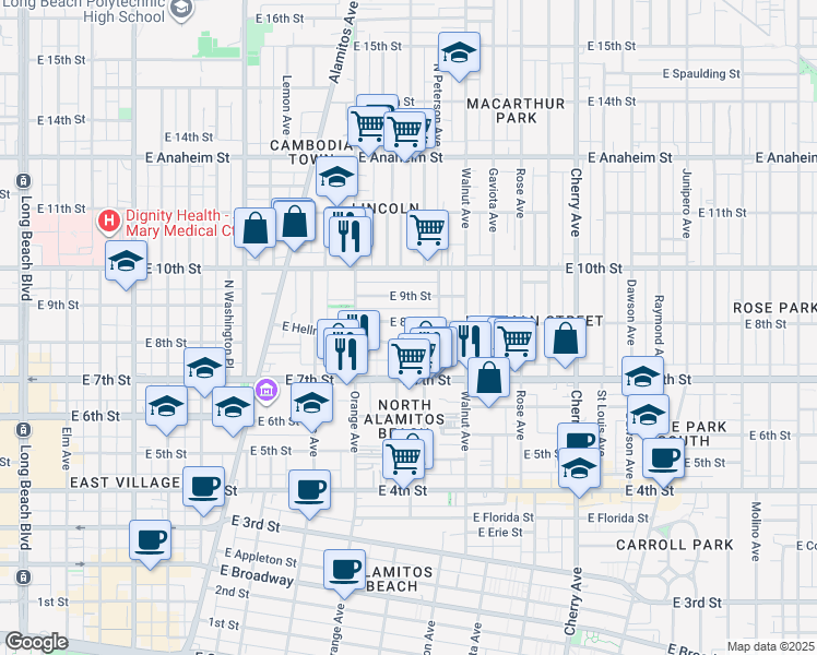 map of restaurants, bars, coffee shops, grocery stores, and more near 1350 East 8th Street in Long Beach