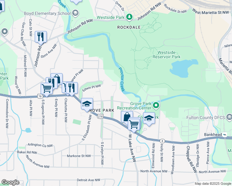 map of restaurants, bars, coffee shops, grocery stores, and more near 811 Gertrude Place Northwest in Atlanta