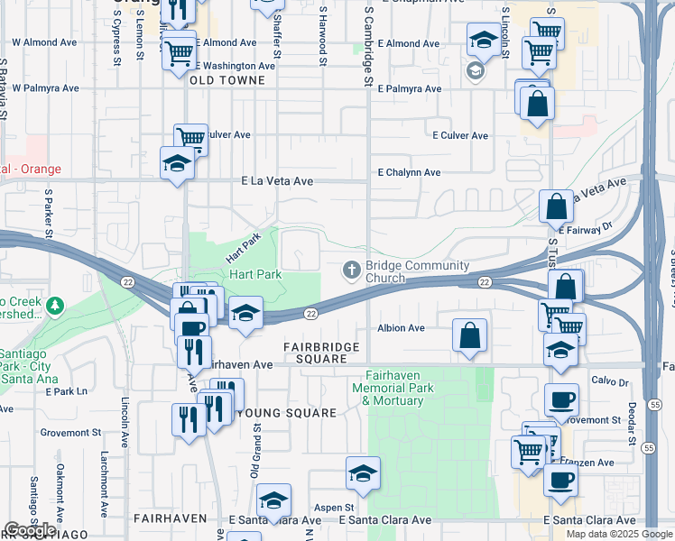 map of restaurants, bars, coffee shops, grocery stores, and more near 736 East Fairway Drive in Orange