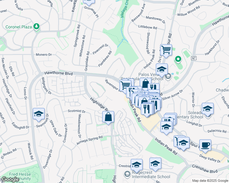map of restaurants, bars, coffee shops, grocery stores, and more near 5658 Ravenspur Drive in Rancho Palos Verdes