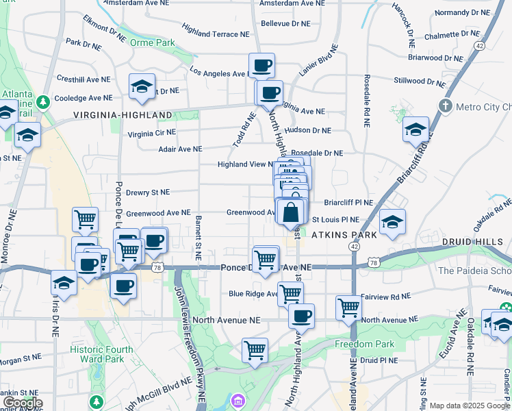 map of restaurants, bars, coffee shops, grocery stores, and more near 974 Greenwood Avenue Northeast in Atlanta