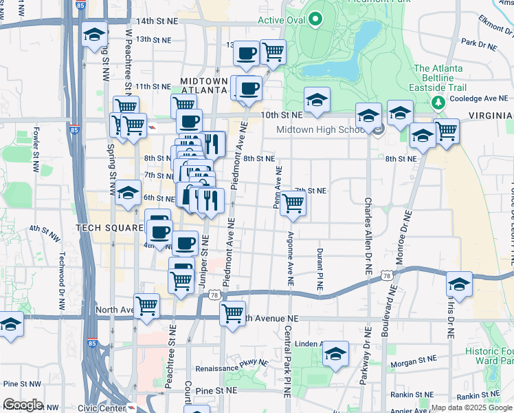 map of restaurants, bars, coffee shops, grocery stores, and more near Myrtle Street Northeast in Atlanta