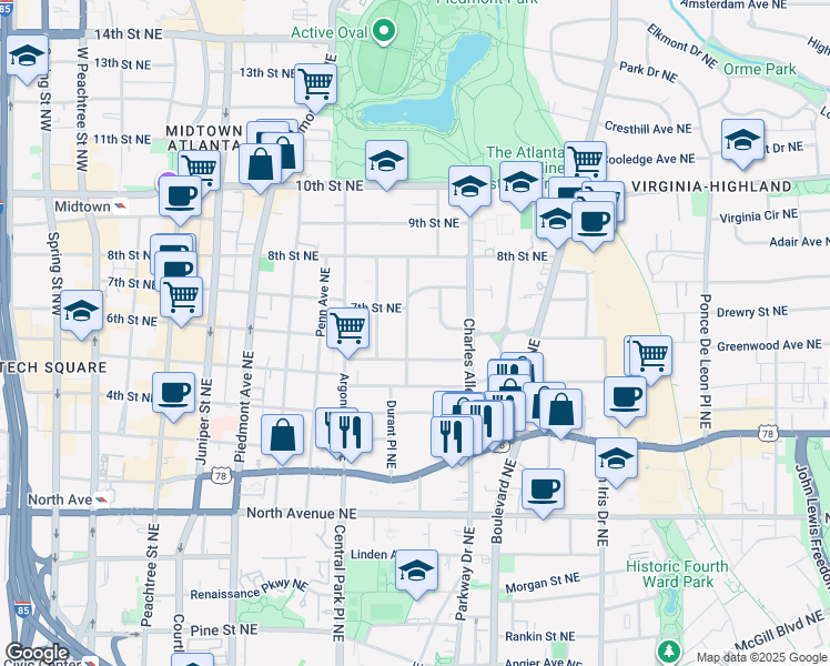 map of restaurants, bars, coffee shops, grocery stores, and more near 821-819 Durant Place Northeast in Atlanta