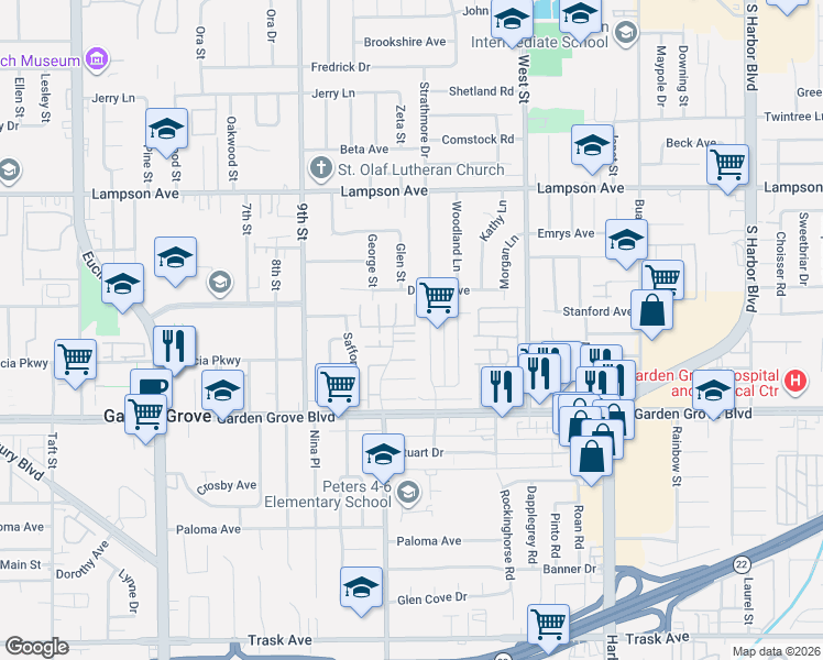 map of restaurants, bars, coffee shops, grocery stores, and more near 11716 Rose Drive in Garden Grove