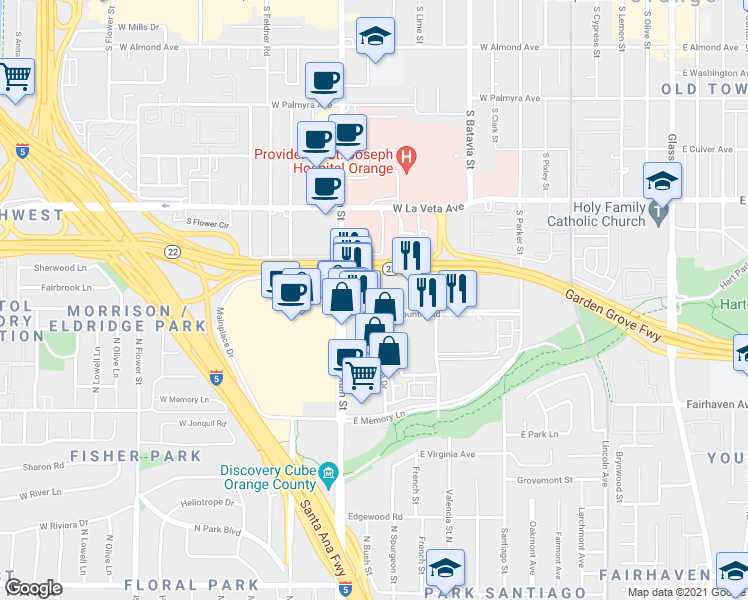map of restaurants, bars, coffee shops, grocery stores, and more near 1235 West Town and Country Road in Orange