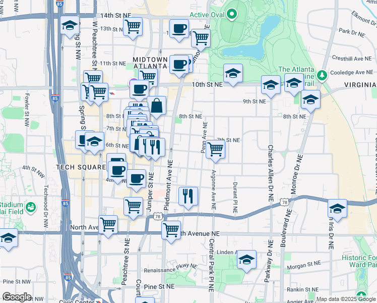map of restaurants, bars, coffee shops, grocery stores, and more near Myrtle Street Northeast in Atlanta