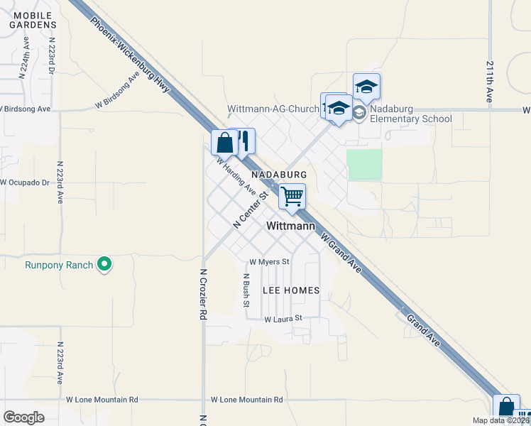 map of restaurants, bars, coffee shops, grocery stores, and more near 21709 East Harding Avenue in Wittmann