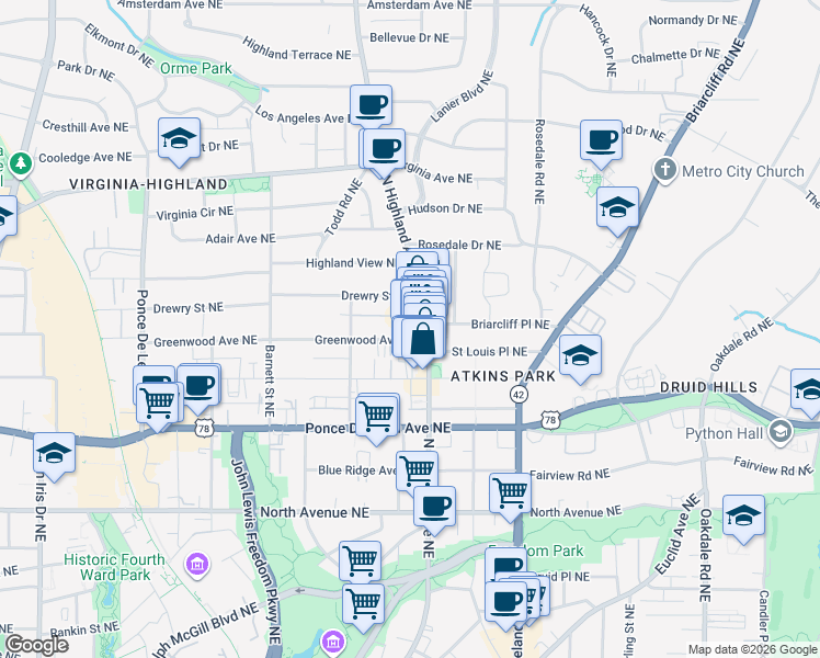 map of restaurants, bars, coffee shops, grocery stores, and more near 1040 Greenwood Avenue Northeast in Atlanta