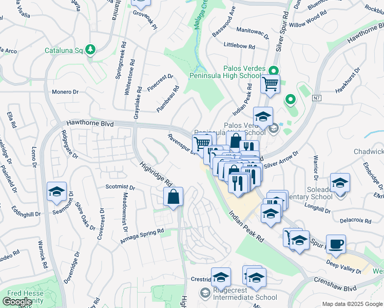 map of restaurants, bars, coffee shops, grocery stores, and more near 5644 Ravenspur Drive in Rancho Palos Verdes