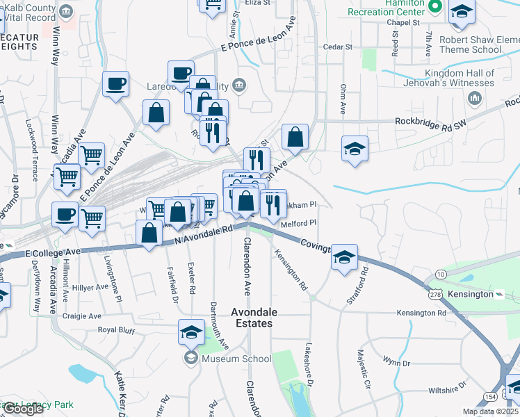 map of restaurants, bars, coffee shops, grocery stores, and more near 89 North Clarendon Avenue in Avondale Estates