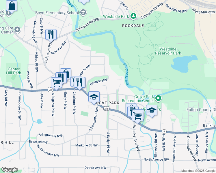 map of restaurants, bars, coffee shops, grocery stores, and more near 795 North Evelyn Place Northwest in Atlanta