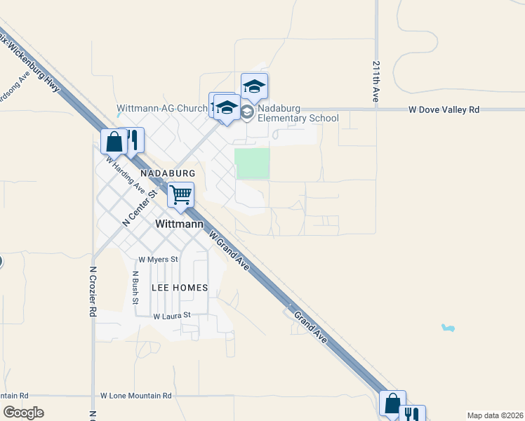 map of restaurants, bars, coffee shops, grocery stores, and more near 21411 West Wildflower Drive in Wittmann