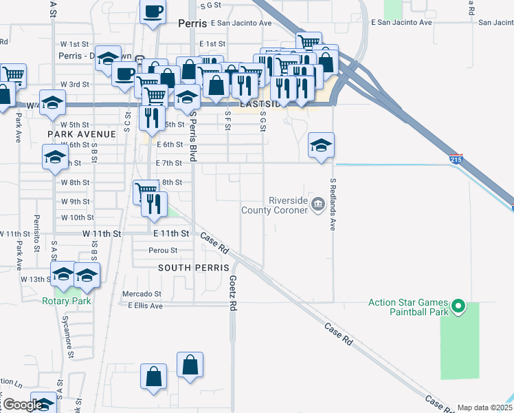 map of restaurants, bars, coffee shops, grocery stores, and more near in Perris