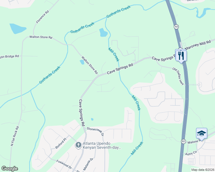 map of restaurants, bars, coffee shops, grocery stores, and more near 6345 Daniell Springs Drive in Douglasville