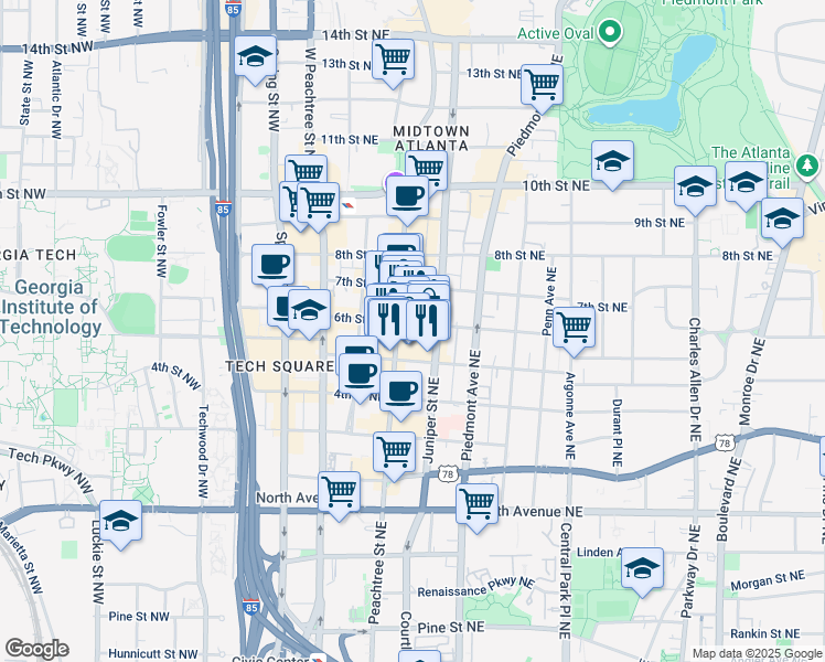 map of restaurants, bars, coffee shops, grocery stores, and more near 811 Peachtree Street Northeast in Atlanta