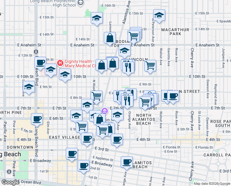 map of restaurants, bars, coffee shops, grocery stores, and more near 1053 East Hellman Street in Long Beach