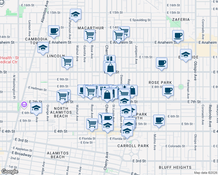 map of restaurants, bars, coffee shops, grocery stores, and more near 796 Cherry Avenue in Long Beach