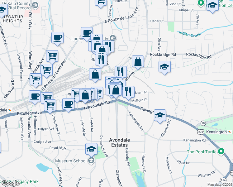 map of restaurants, bars, coffee shops, grocery stores, and more near 10 North Clarendon Avenue in Avondale Estates
