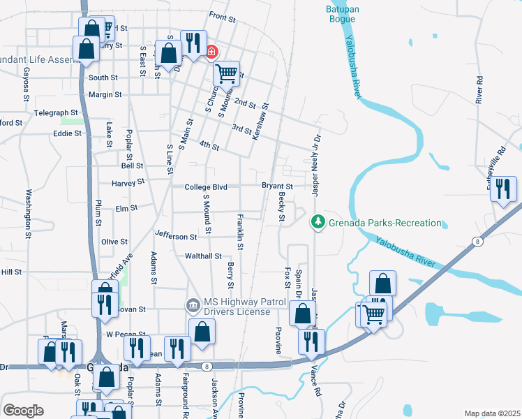 map of restaurants, bars, coffee shops, grocery stores, and more near 598 McMullen Alley in Grenada