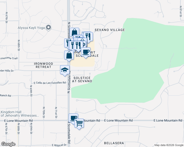 map of restaurants, bars, coffee shops, grocery stores, and more near 32134 North 73rd Place in Scottsdale