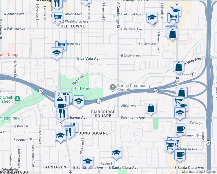 map of restaurants, bars, coffee shops, grocery stores, and more near 736 East Fairway Drive in Orange