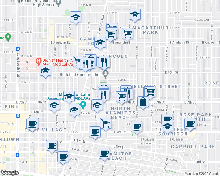 map of restaurants, bars, coffee shops, grocery stores, and more near 827 Orange Avenue in Long Beach